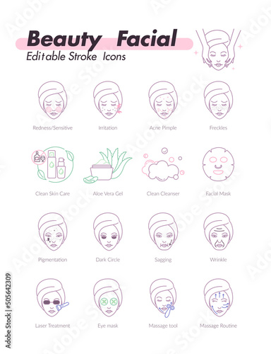 Beauty facial skin care icons set editable line vector illustration. Skin problem concern and solution such as  sensitive skin, acne, wrinkle, aging, spot etc