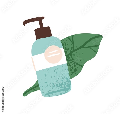 Pump bottle of organic vegan beauty cosmetic product. Pack of eco essential on green leaf. Natural liquid essence for body, face skin care. Flat vector illustration isolated on white background