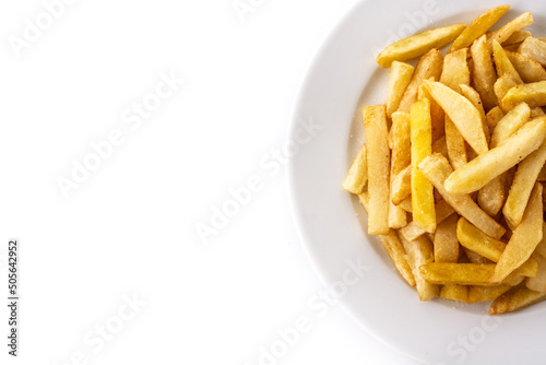 Fried potatoes, french fries isolated on white background. Top view. Copy space