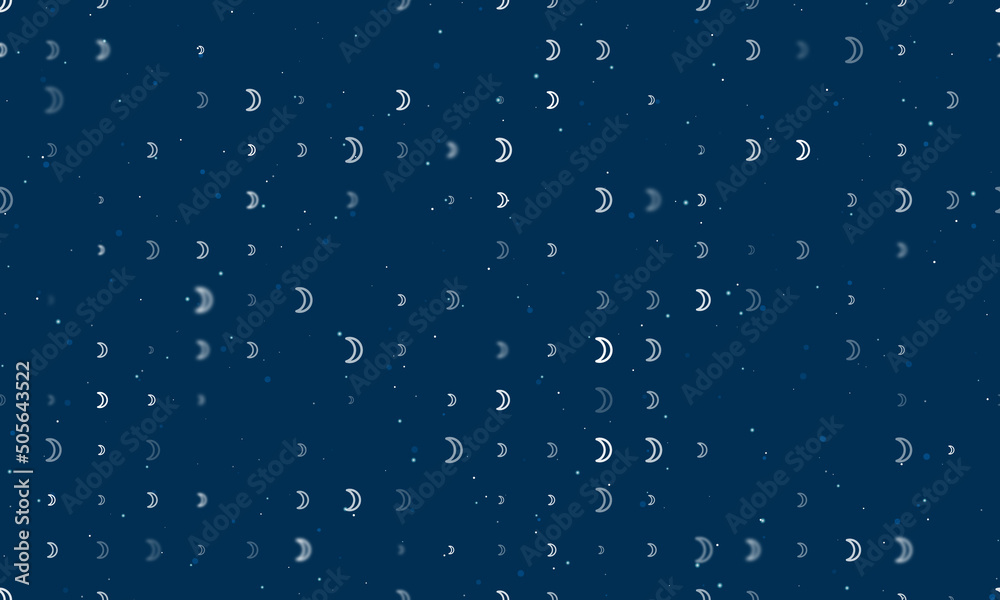 Seamless background pattern of evenly spaced white moon astrological symbols of different sizes and opacity. Vector illustration on dark blue background with stars