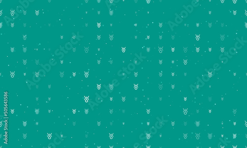 Seamless background pattern of evenly spaced white astrological uranus symbols of different sizes and opacity. Vector illustration on teal background with stars