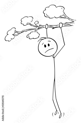 Frustrated Person Hanging on Tree, Vector Cartoon Stick Figure Illustration