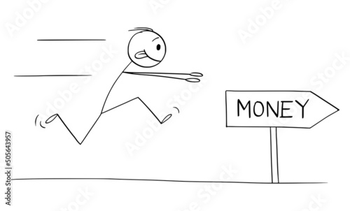 Person or Businessman Running for Money, Vector Cartoon Stick Figure Illustration