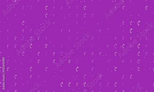 Seamless background pattern of evenly spaced white table lamp symbols of different sizes and opacity. Vector illustration on purple background with stars