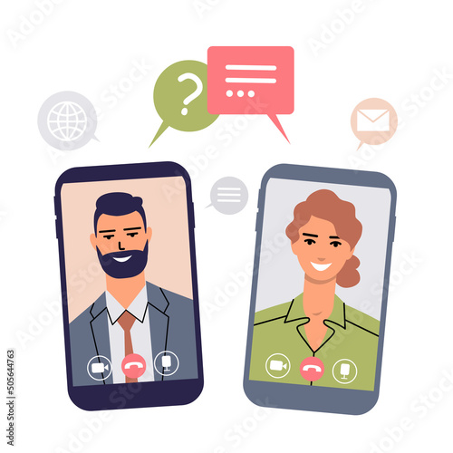 Business people communicate online with the help of mobile phones. Businessman and business woman on phone screens with speech bubbles. The concept of virtual business meetings. Flat vector isolated.