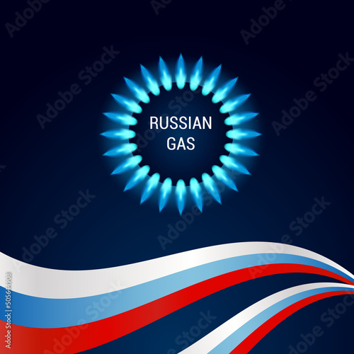 A gas burner with a tricolor flag of Russia. The concept of gas payment in rubles.