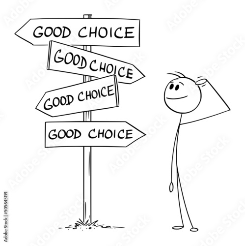 Person or Businessman Standing on Crossroad, Decide and Choose from Good Choices , Vector Cartoon Stick Figure Illustration