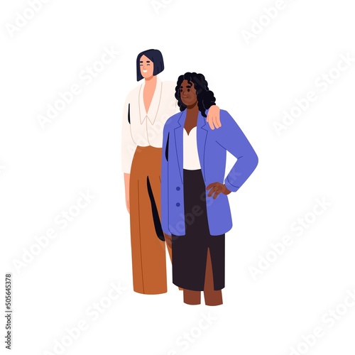 Happy biracial women hugging, smiling. Diverse female business partners standing together. Colleagues friends, office workers of different race. Flat vector illustration isolated on white background