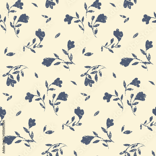Seamless pattern with minimal botanical composition, small blue flowers, leaves on a light background. Romantic floral print with rustic textured chalk plants. Vector.