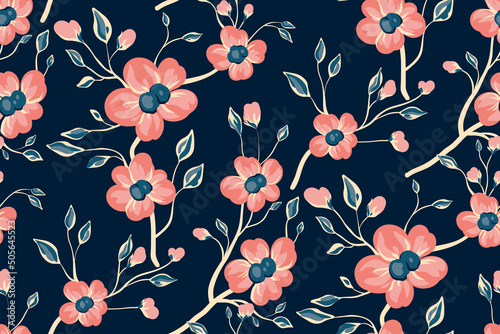 Seamless pattern with pink flowers, leaves, twigs on a blue background. Romantic floral print, art design botanical surface with painting plants. Vector illustration.