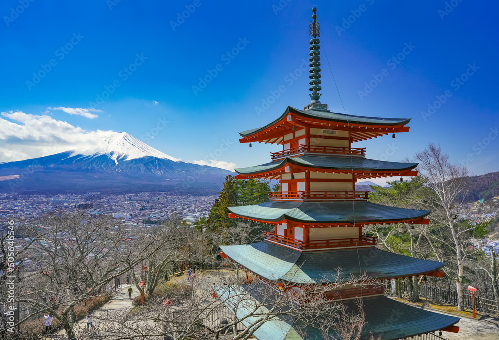 View from Chureito Pagoda in autumn, Fujiyoshida, Japan. Fuji volcano in the back with snow on the peak on the clear sky. 