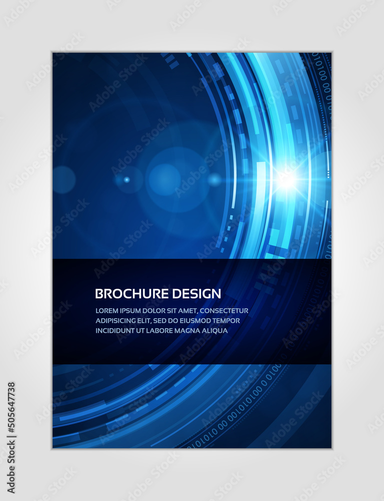 Fotografie Half circle blue hi tech virtual dynamic motion digital generated flow glow lens brochure design template vector illustration