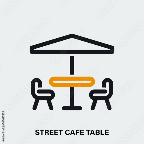 Street cafe table linear vector icon. Isolated outline pictogram with chairs, table and umbrella