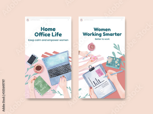 Instagram template with woman work from home concept,watercolor style