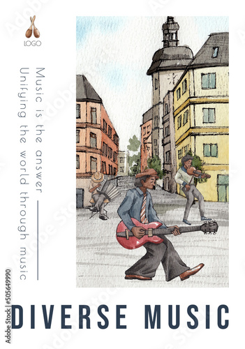 Poster template with diverse music on street concept,watercolor style