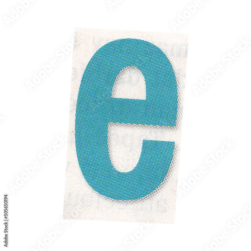 letter e magazine cut out font, ransom letter, isolated collage elements for text alphabet. hand made and cut, high quality scan. halftone pattern and texture detail. newspaper and scraps