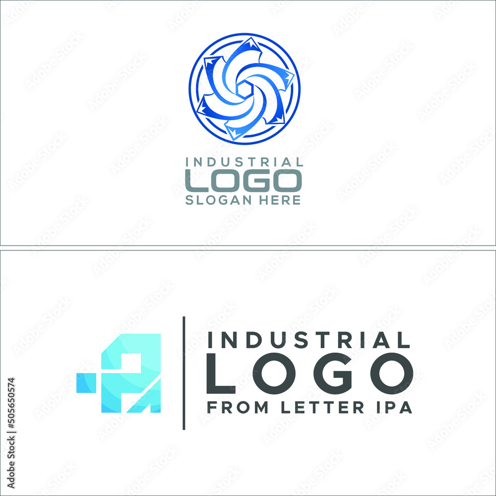 Vector illustration of industrial mechanical logo with symbol spiral propeller and line icon combination mark from letter IPA. Isolated on white background