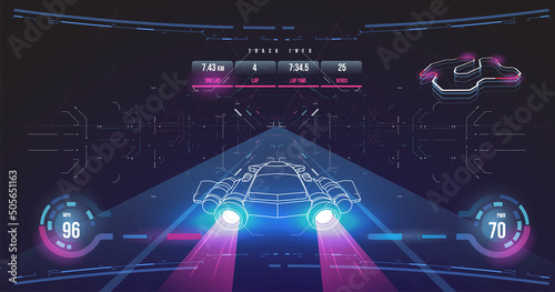 Spacecraft futuristic HUD panel. HUD target aims on radar screen, game dashboard and UI panel controls.