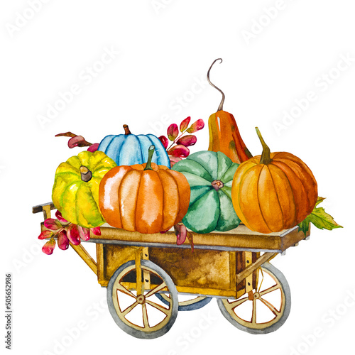 Watercolor set with a wooden cart with pumpkins and autumn berries, leaves, and branches hand-drawn in watercolor. Autumn illustration