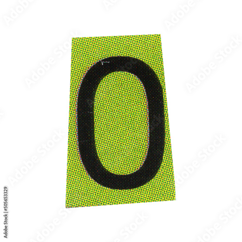 letter o magazine cut out font, ransom letter, isolated collage elements for text alphabet. hand made and cut, high quality scan. halftone pattern and texture detail. newspaper and scraps