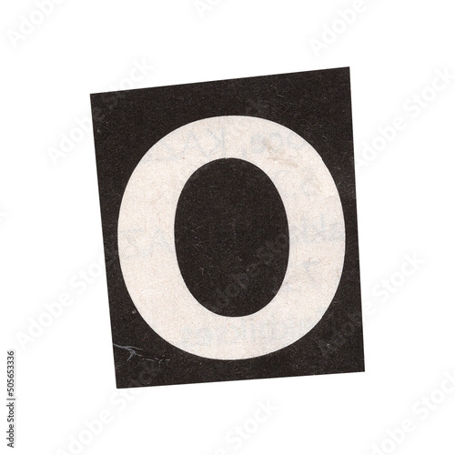 letter o magazine cut out font, ransom letter, isolated collage elements for text alphabet. hand made and cut, high quality scan. halftone pattern and texture detail. newspaper and scraps