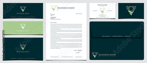 V landscape logo and check mark with stationery, business card and social media banner designs
