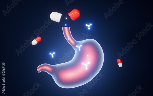 Medication for stomach illness, molecules and stomach, 3d rendering. photo