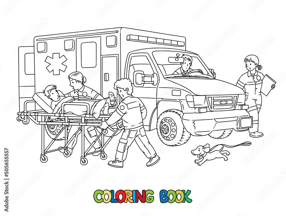 Paramedics and doctor take the patient to the ambulance. Coloring book. Children vector black and white illustration
