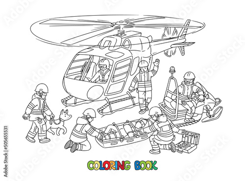 Rescue helicopter. Lifeguards or rescuers provide first aid on mountain rescue sled and evacuate the victim. Coloring book of rescue unit. Children vector black and white illustration