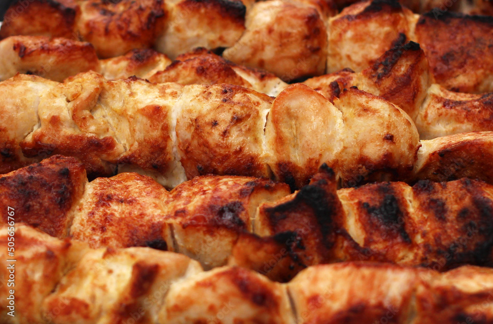 chicken and turkey meat on a skewer fried on the grill in nature chicken and turkey meat on a skewer fried on the grill in nature