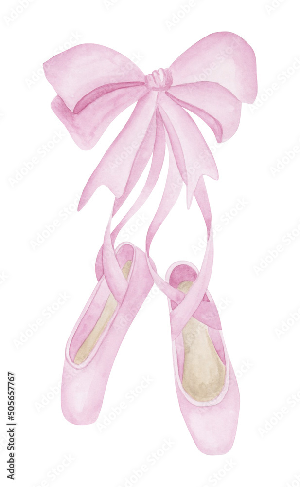 Pink ballet shoes watercolor illustration. Ballet dance pointes drawing.  Girl art. Pink bow. Stock Illustration