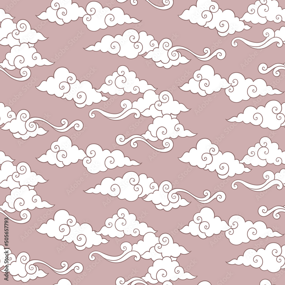 Vector celestial seamless pattern with oriental clouds. Pastel hand drawn cozy textile or magic wrapping design