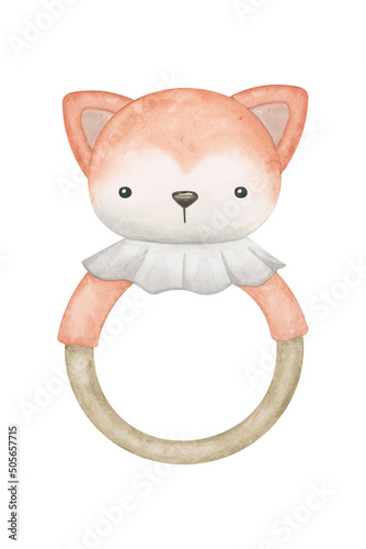 Wooden teether and foxy toy watercolor illustration. Cute hand drawn baby shower design element. Isolated clipart element on white background. Baby accessories. photo