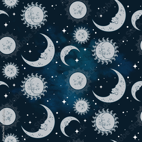 Vector seamless pattern with baby celestial bodies - moon, sun stars and clouds. Pastel hand drawn textile or wrapping design for kids