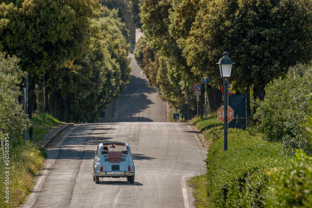 An old light blue Fiat 500 convertible with a suitcase on the back, drives along a tree-lined avenue of Tuscany, Artimino, Italy - obrazy, fototapety, plakaty 
