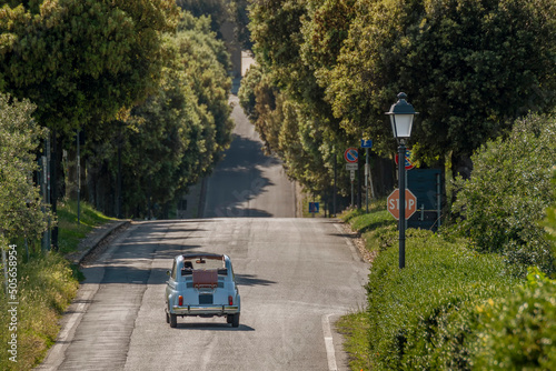 An old light blue Fiat 500 convertible with a suitcase on the back, drives along a tree-lined avenue of Tuscany, Artimino, Italy