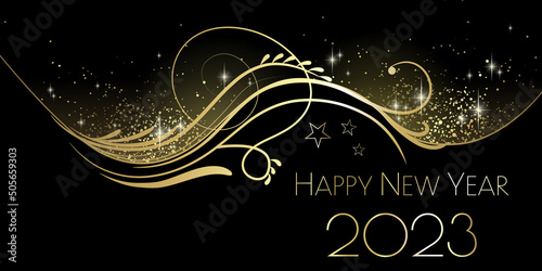 Happy New Year 2023 abstract black and gold design greeting card