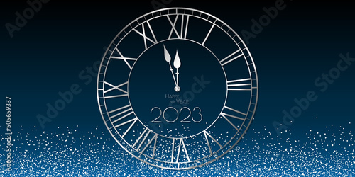 happy new year 2023 golden clockwork and glitter - Midnight party design for celebration
