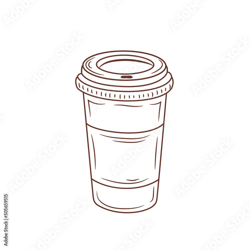 Vector illustration. Hand drawn doodle of disposable paper cup with coffee or tea. Cartoon sketch. Decoration for menus, signboards, showcases, greeting cards, posters, wallpapers