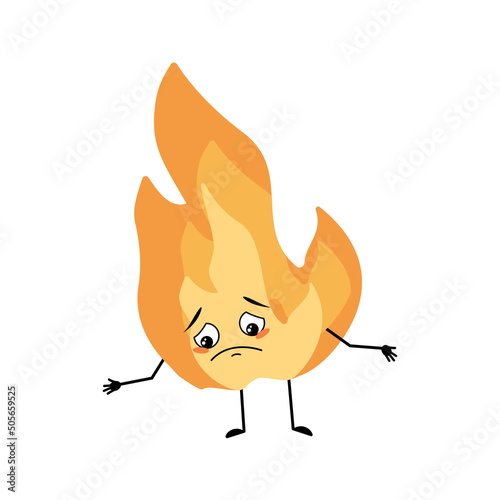 Cute flame character with sad emotions, depressed face, down eyes, arms and legs. Fire man with melancholy expression, hot orange person. Vector flat illustration