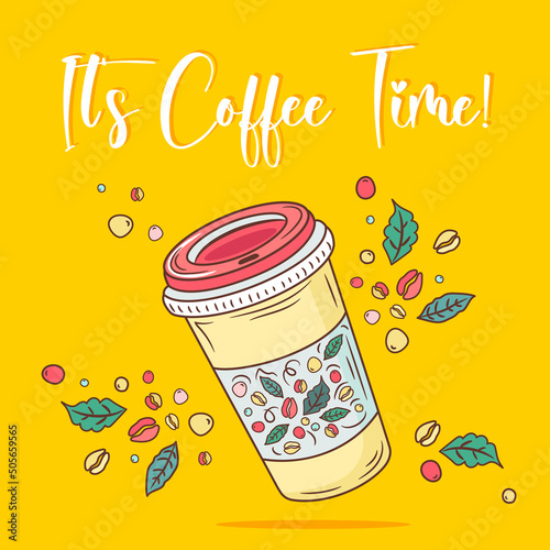 Coffee to go. Thermo cup for take away coffee. Tumblers with cap, handle and straw. Reusable cups and thermo mug. Vector thermos illustrations isolated on white background. Cartoon style.