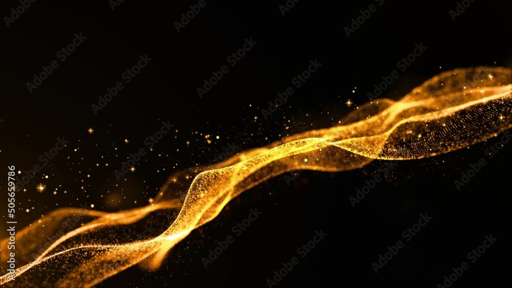 Digital gold color wave with flowing small particles motion on wave and light abstract background, Seamless loop 4K 3d rendering