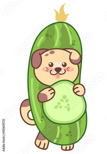 Cute puppy in a cucumber costume. Kawaii character. Dog vector illustration on white background.