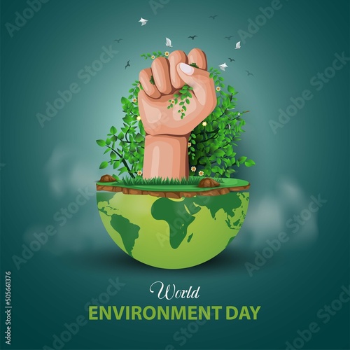 happy world environment and earth day. big hand holding plants with half global map. vector illustration design