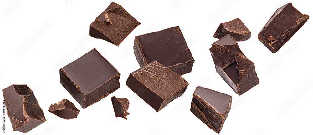 Fotografie Falling chocolate pieces isolated on white background