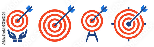 Target icon set. Arrow aim to dartboard target symbol isolated on white background.