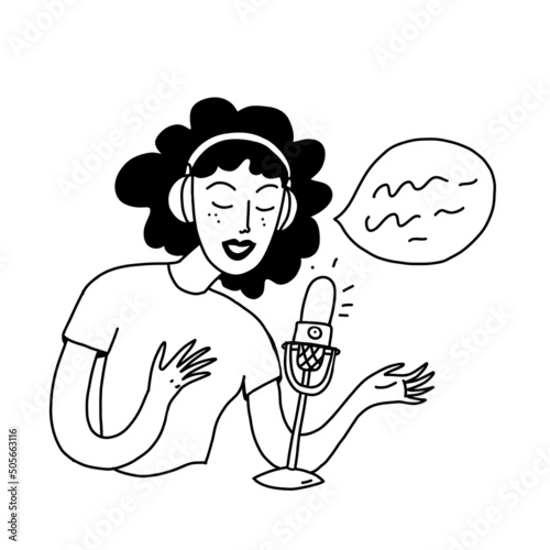 Woman in headphones speaks into a microphone and broadcasts. Young woman is hosting a podcast. Vector illustration in cartoon doodle outline style.