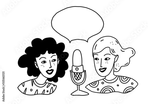 Two women speak into a microphone. Young girls talk and broadcast. Vector illustration in cartoon style with characters hosting a podcast.