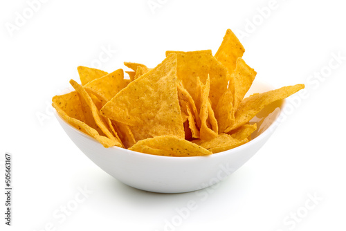 Foto Mexican nachos chips, isolated on white background.