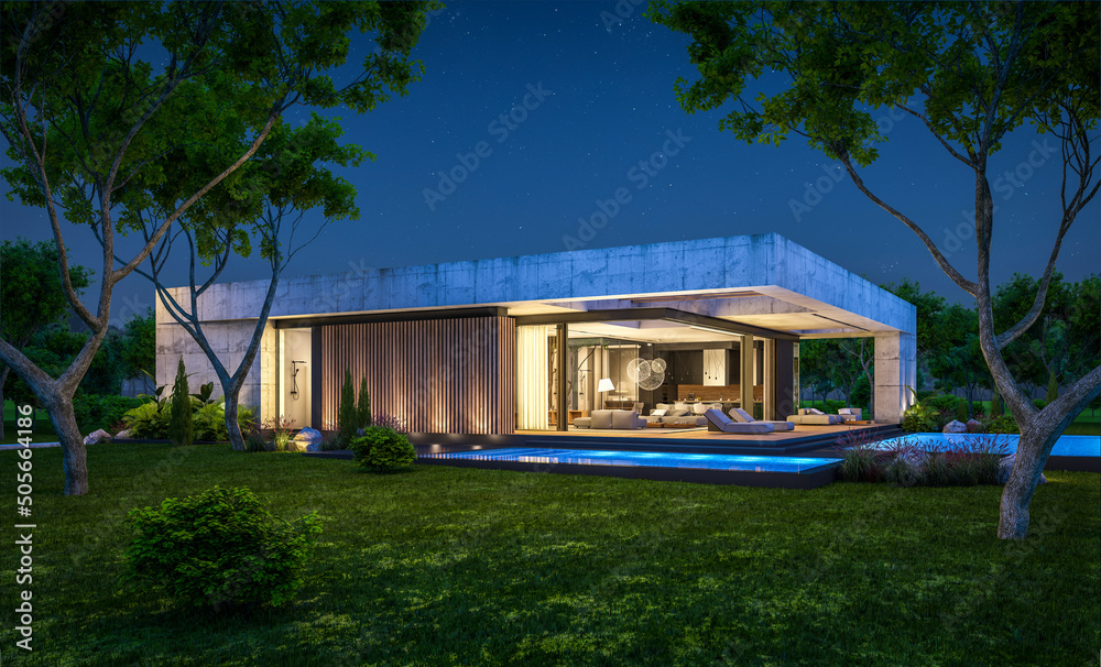 3d rendering of new concrete house in modern style with pool and parking for sale or rent and beautiful landscaping on background. Only one floor. Clear summer night with many stars on the sky.